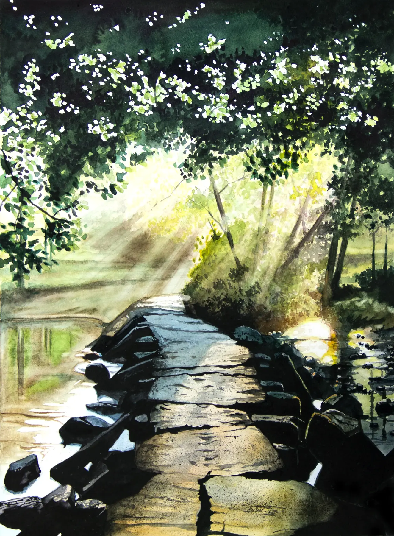 Le gué, aquarelle de Pierre Renollet