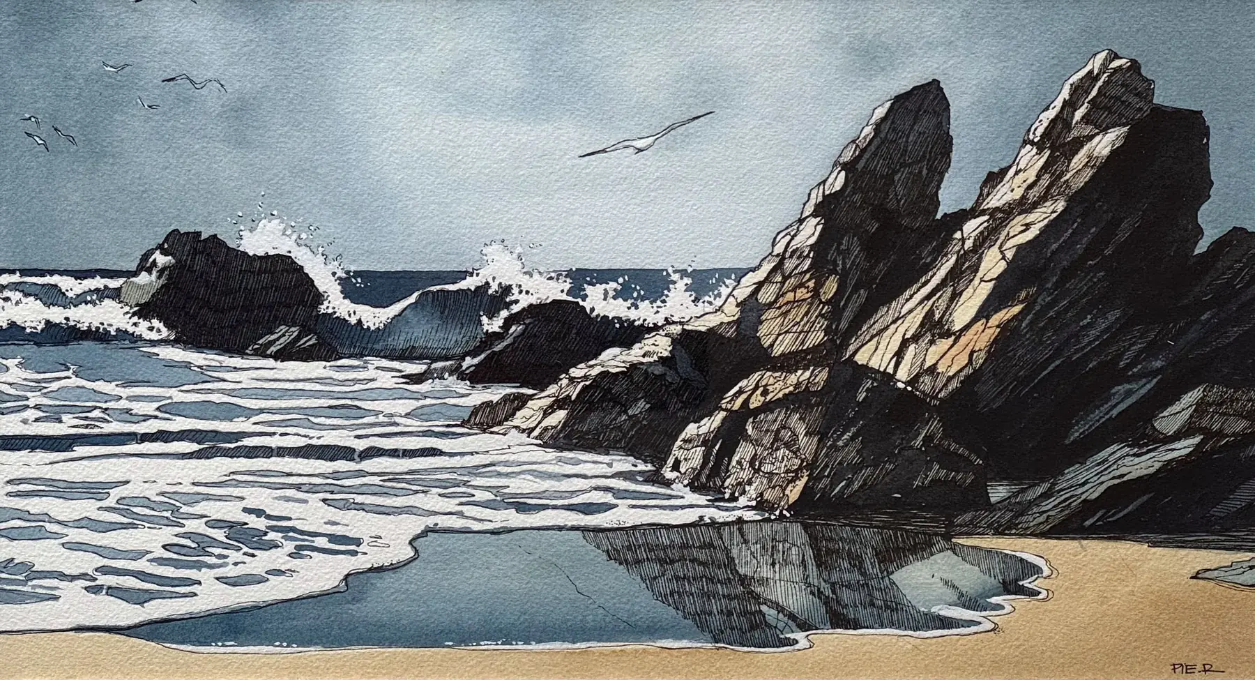 Marée basse, aquarelle de Pierre Renollet